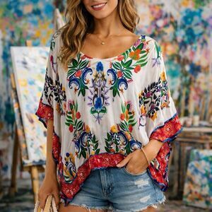 Desigual Damen Blouse Kaftan Top Floral Bohemian Oversized Artsy Vacation Small
